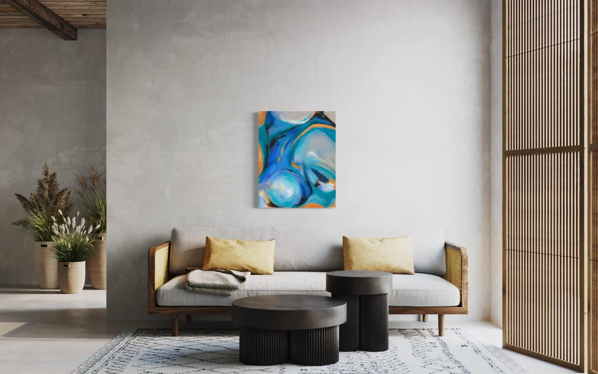 Seaside Dreams abstract painting in acrylic by Jamie Thomson in neutral living room with brown and gold accents