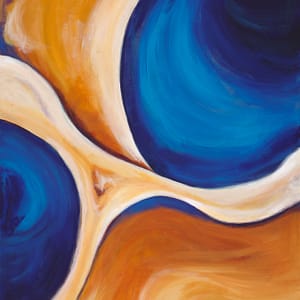 Swell abstract painting in acrylic by Jamie Thomson is dark blue, warm orange and buff tones